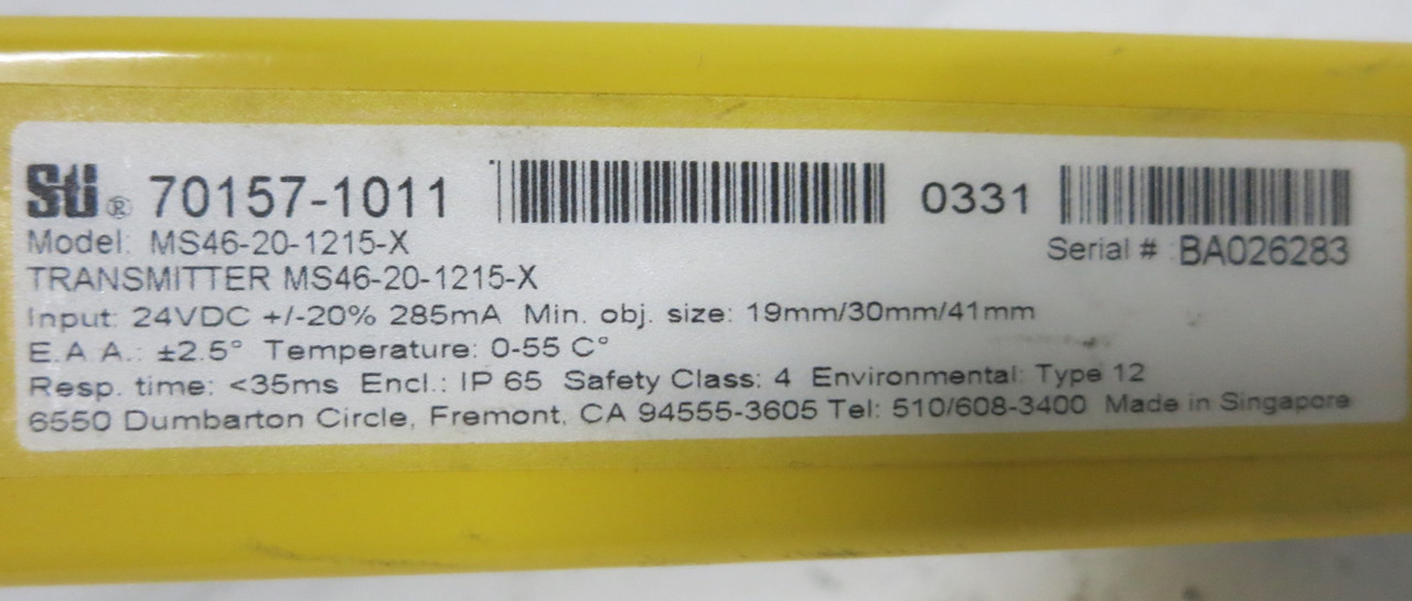 STi MS46-20-1215-X Transmitter 70157-1011 52" Light Curtain MiniSafe 4600 Series (GA0807-1)