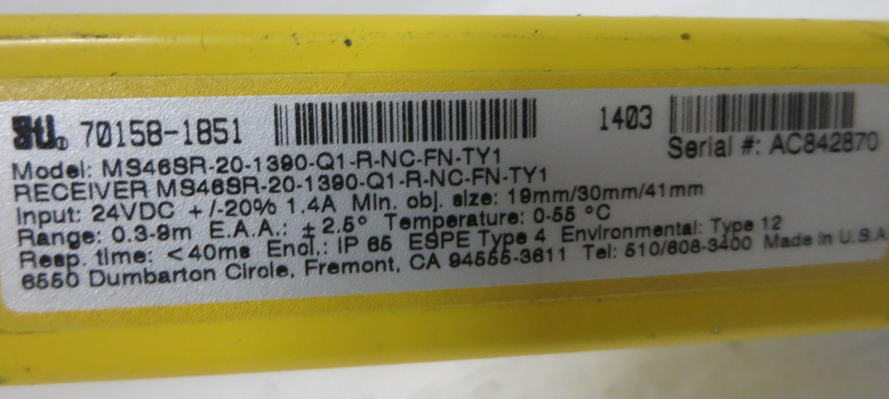 STi MS46SR-20-1390-Q1-R-NC-FN-TY1 Receiver 70158-1851 57" Light Curtain 4600 Ser (GA0809-1)