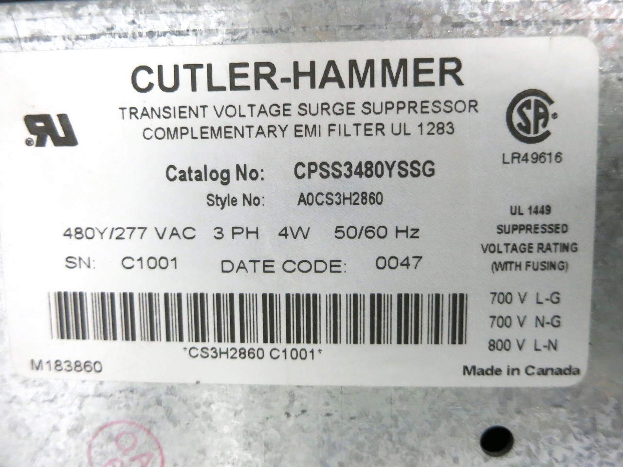 Cutler Hammer CPSS3480YSSG Transient Voltage Surge Suppressor w/ Remote Monitor (DW3892-1)
