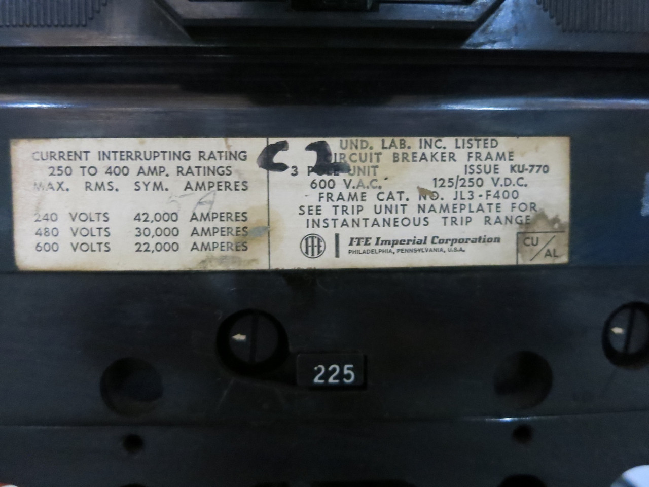 ITE Gould 5600 225A Breaker Size 4 Starter 30" MCC Bucket 225 Amp A203F JL3-F400 (DW3915-1)