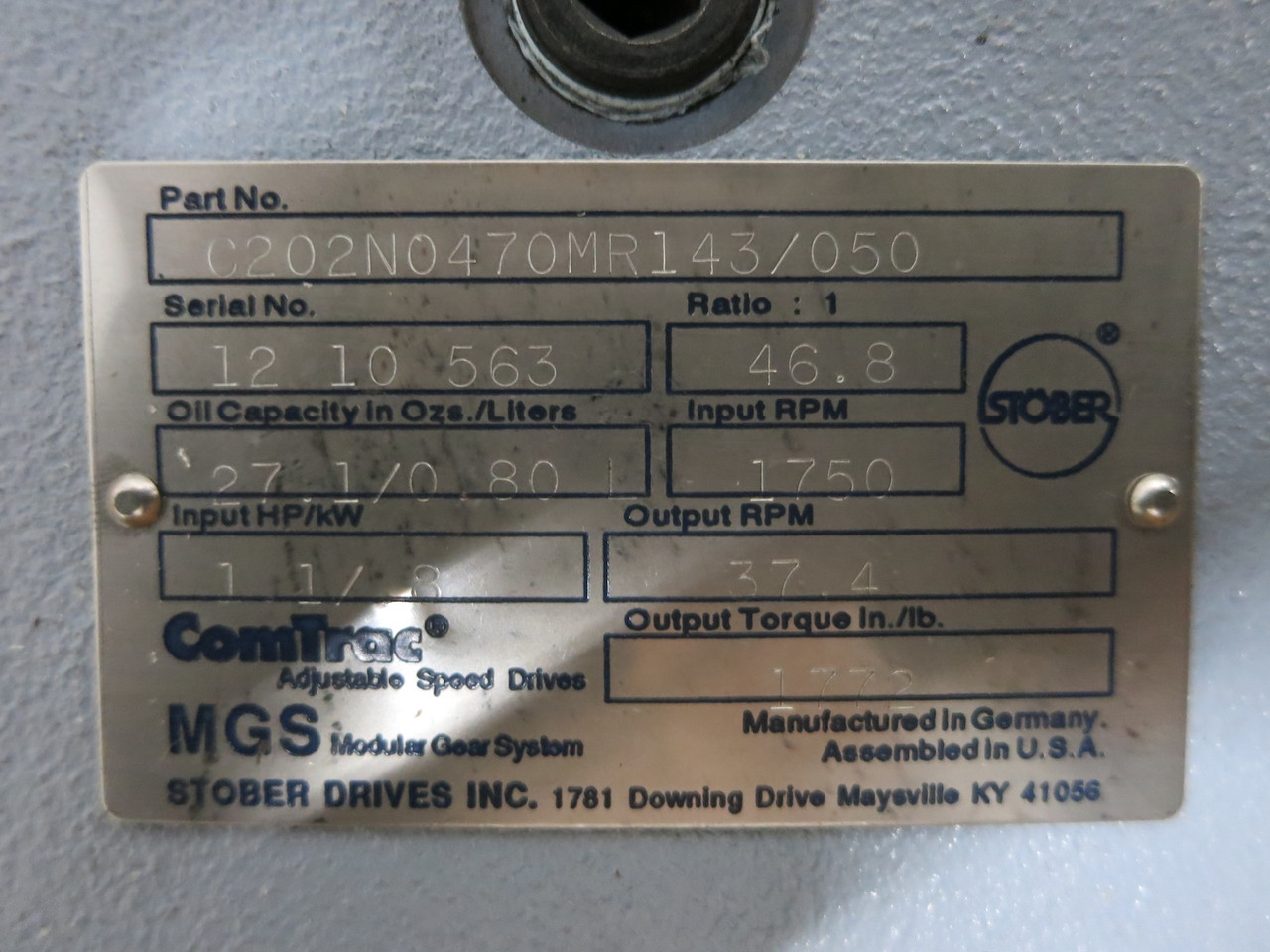 Stober C202N0470MR143/050 ComTrac Adjustable Speed Drive Ratio 46.8 1.08 HP 1750 (DW4044-1)