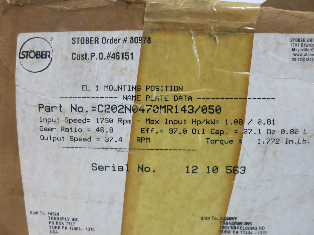 Stober C202N0470MR143/050 ComTrac Adjustable Speed Drive Ratio 46.8 1.08 HP 1750 (DW4044-1)