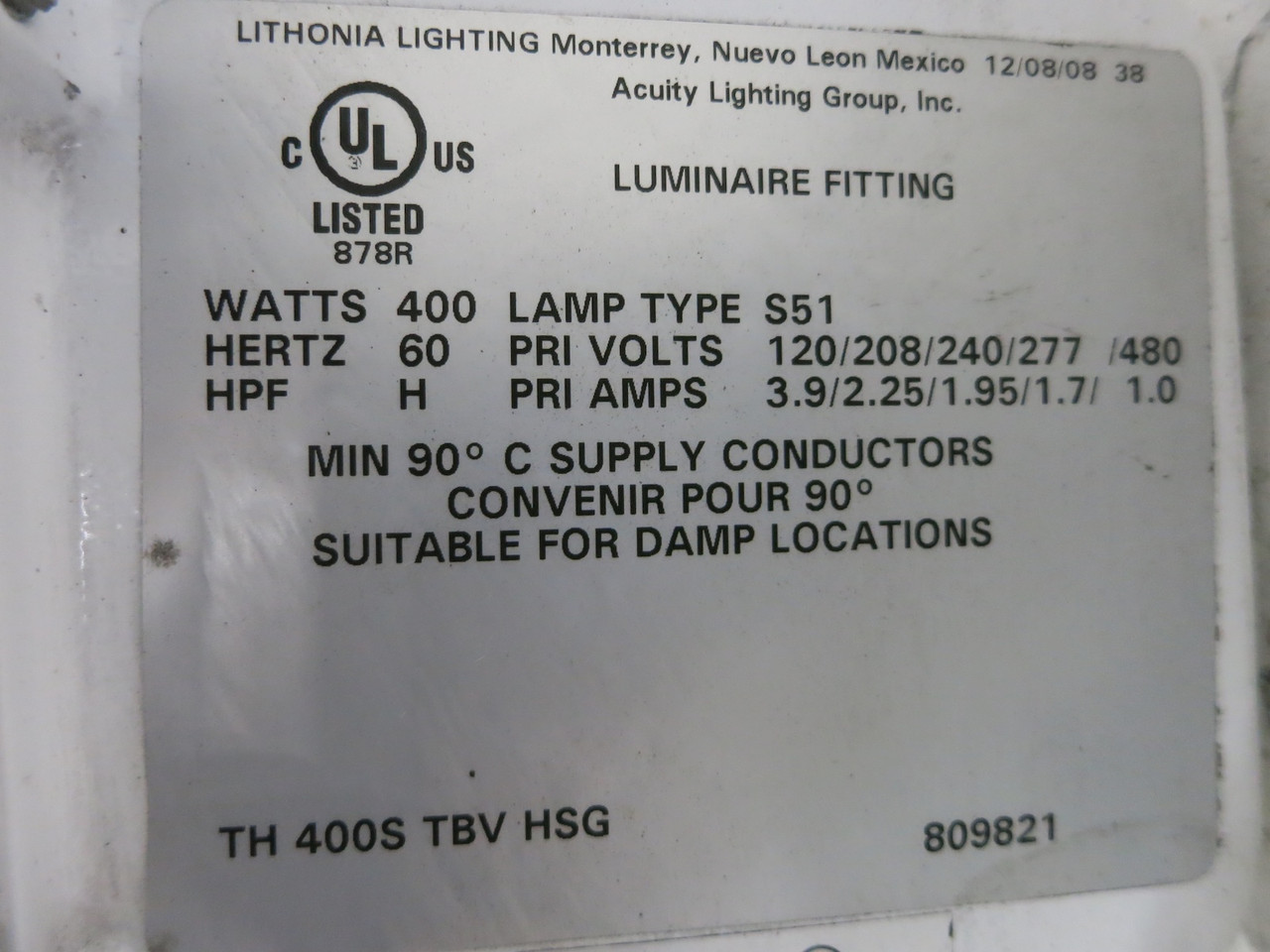 NEW Lithonia Lighting 809821 400W High Pressure Sodium Ballast S51 Lamp (DW4040-1)
