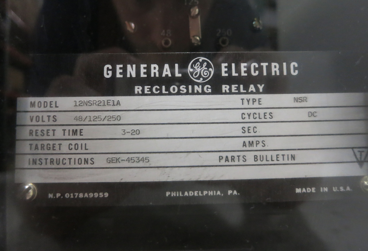 GE 12NSR21E1A Reclosing Relay Type NSR 48/125/250V DC Reset Time 3-20s (DW4075-3)