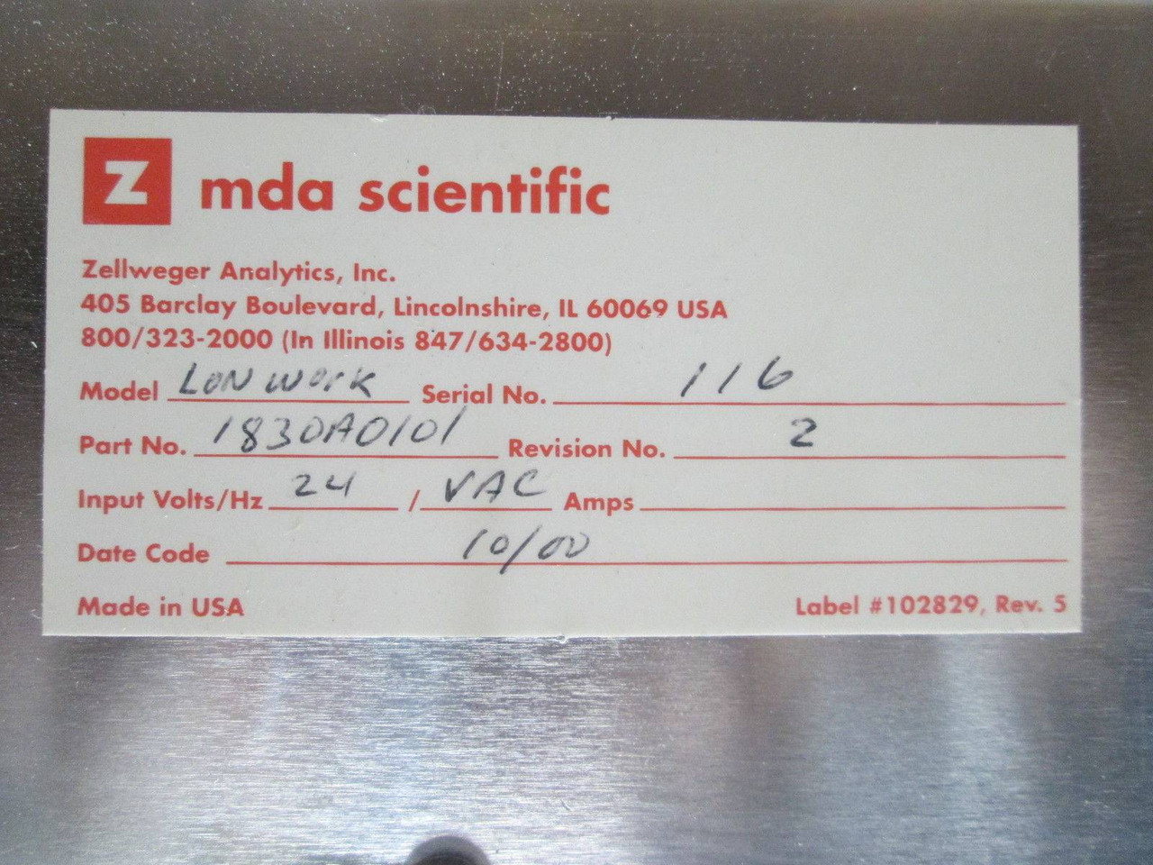 MDA Scientific Lonwork Module 1830A0101 Zellweger PLC System 16 Toxic Gas (EBI2712-3)
