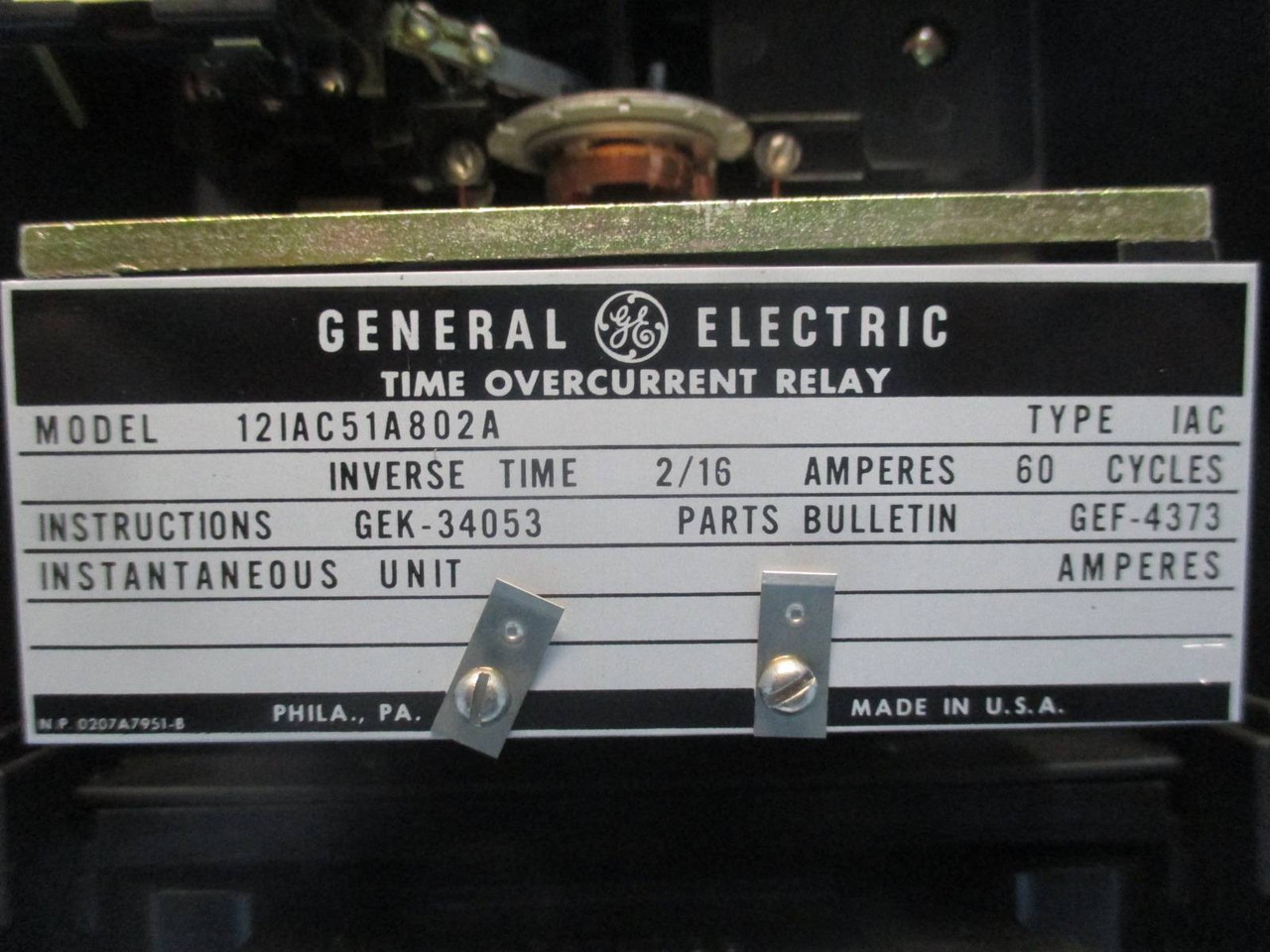 GE 12IAC51A802A Time Overcurrent Relay Type IAC 12-IAC51A802A  2/16 Amperes (EBI1669-2)