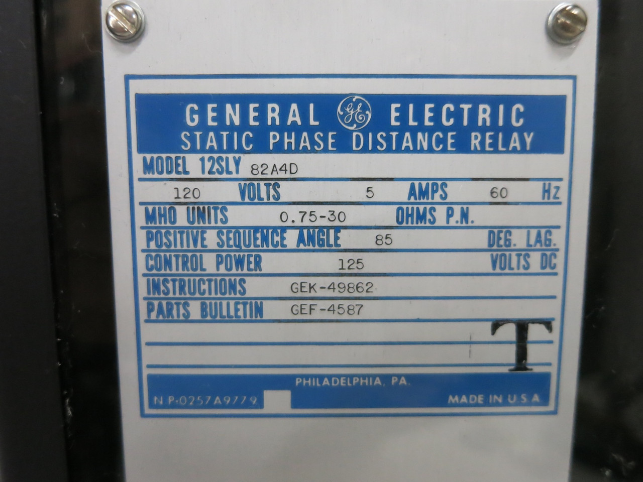 GE 12SLY82A4D Static Phase Distance Relay 120V 5A MHO Units 0.75-30 Ohms (DW4096-1)