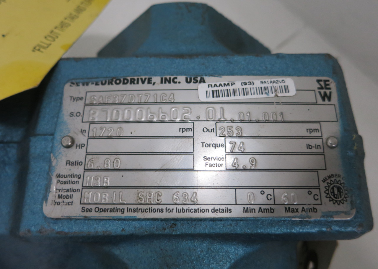 Sew Eurodrive DFT71C4 0.33HP 460V DT79 Gear Reducer Motor 1720RPM SAF37DT71C4 (GA0944-2)