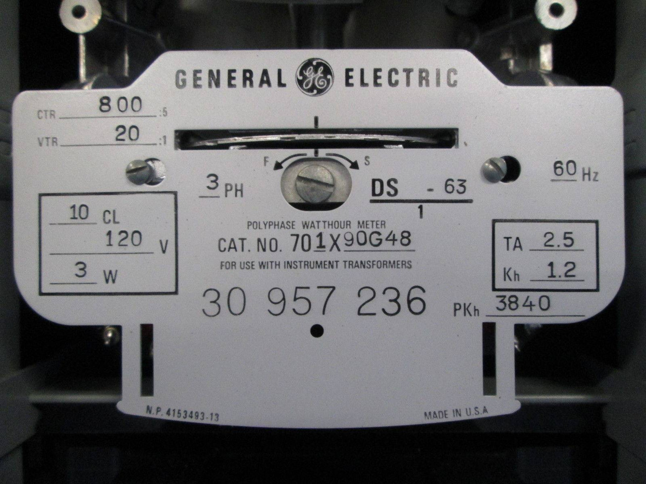 General Electric Polyphase Watthour Meter 3PH 701X90G48 Watt Hour Meter DS-63 3P (EBI2199-2)