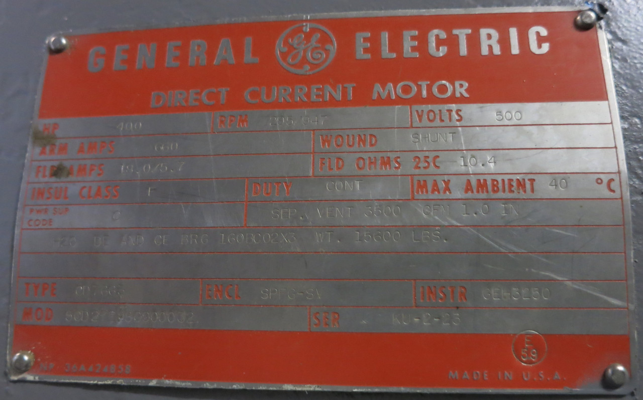 General Electric Direct Current Motor CD7663 400HP 500V 295/947RPM SPFG-SV GE DC (GA1008-1)