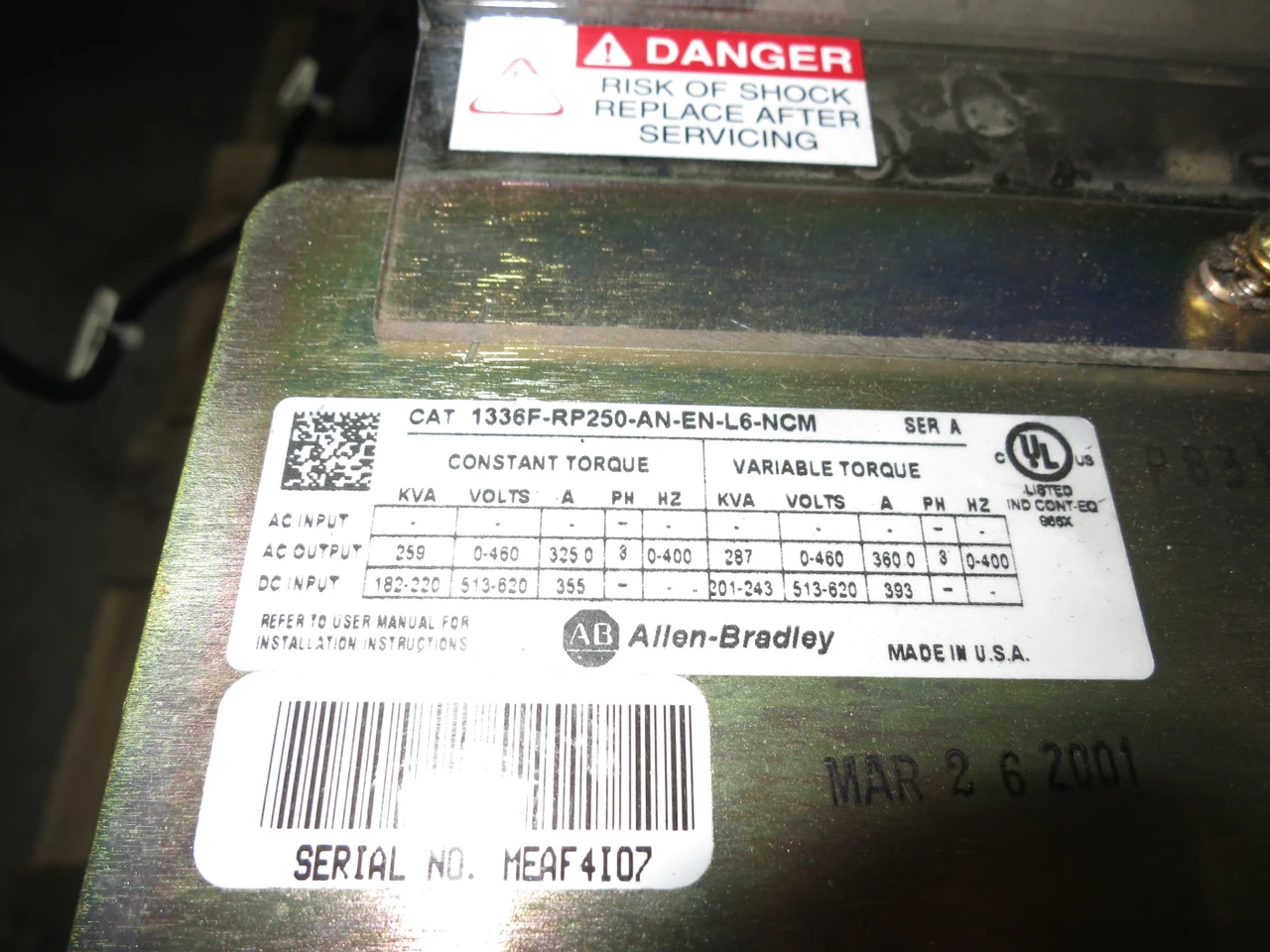 Allen Bradley 1336F-RP250-AN-EN-L6-NCM 250 HP AC VS Drive 513-620V DC Input (GA1021-3)