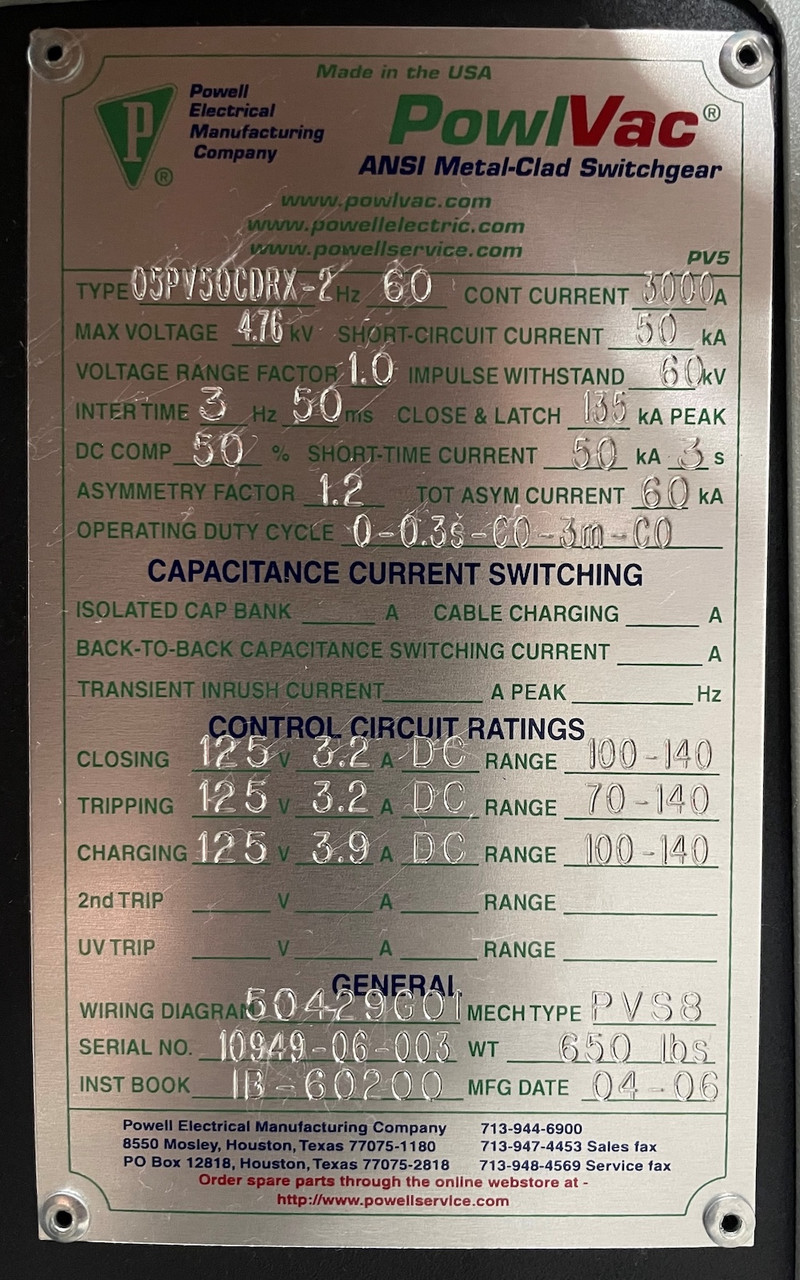Powell 05PV50CDRX-2 3000A 4.76 kV ANSI Vacuum Circuit Breaker Powl GE 5kV 3000 (PM3189-1)