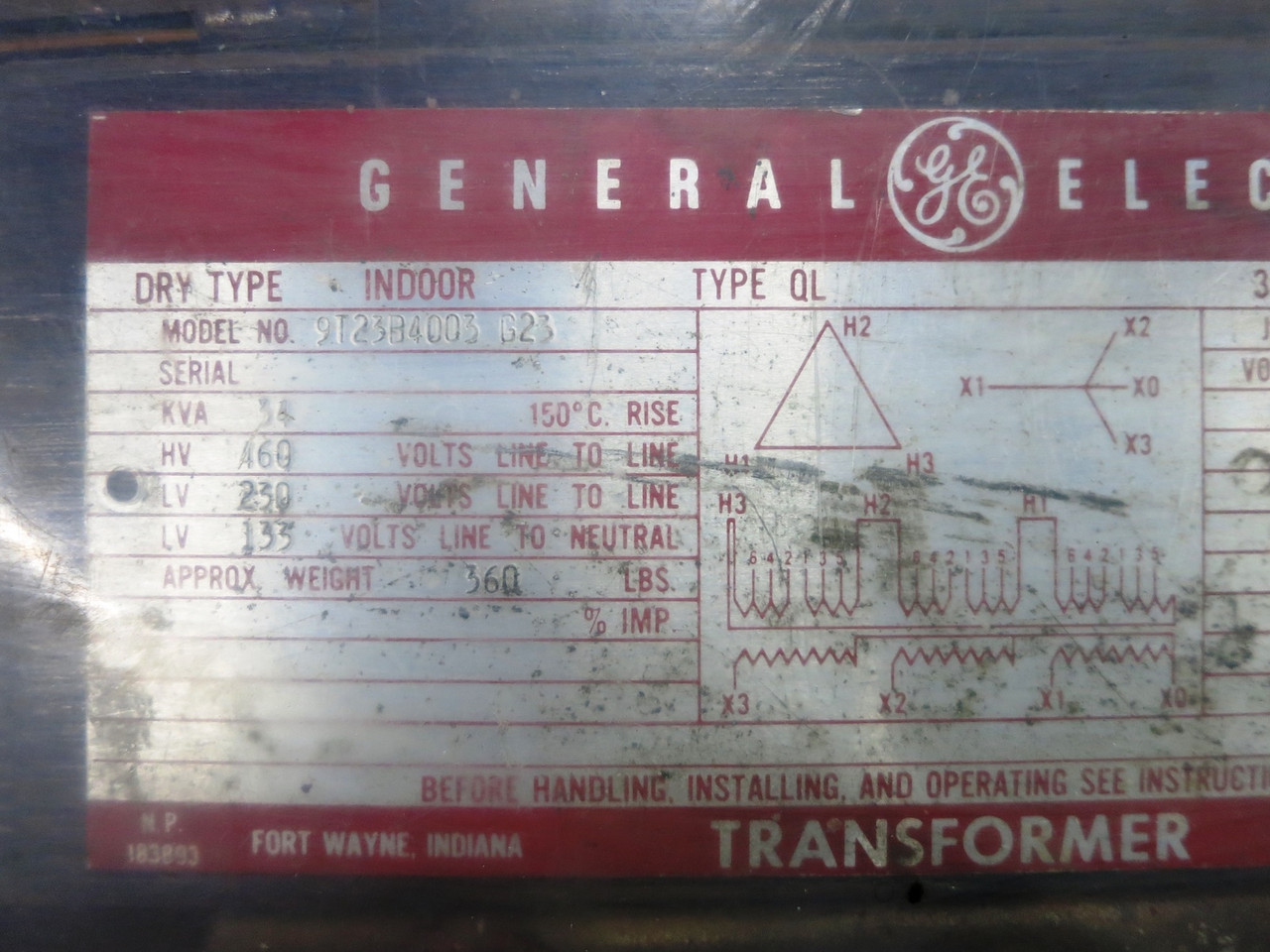 GE 34 kVA 460 Delta to 230Y/133 V 9T23B4003G23 Drive Isolation Transformer 34KVA (DW4332-1)