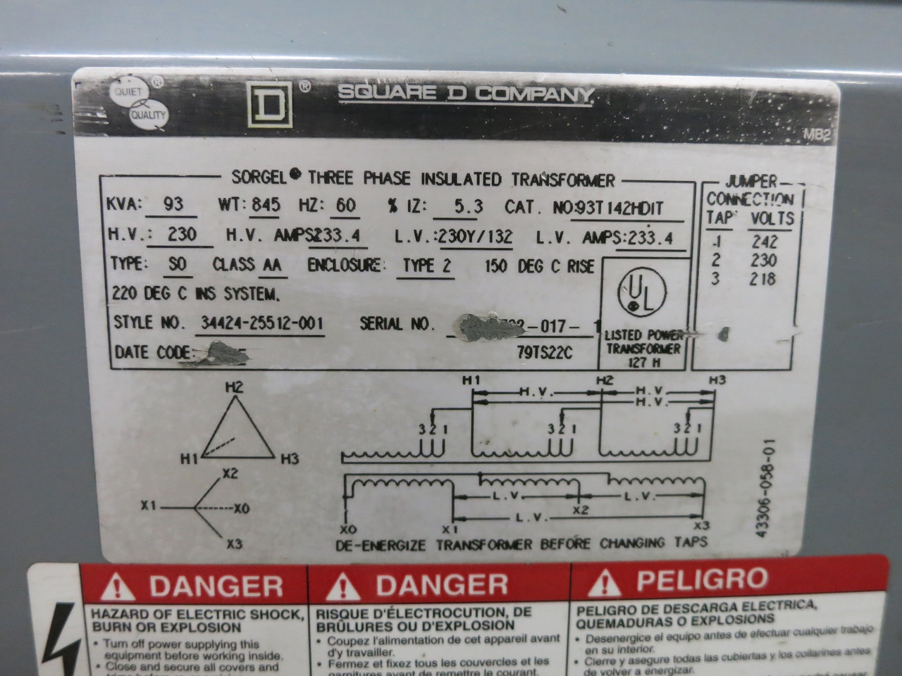 Square D 93 kVA 230 Delta - 230Y/132 3PH 93T142HDIT Dry Type Transformer 93kVA (DW4338-1)