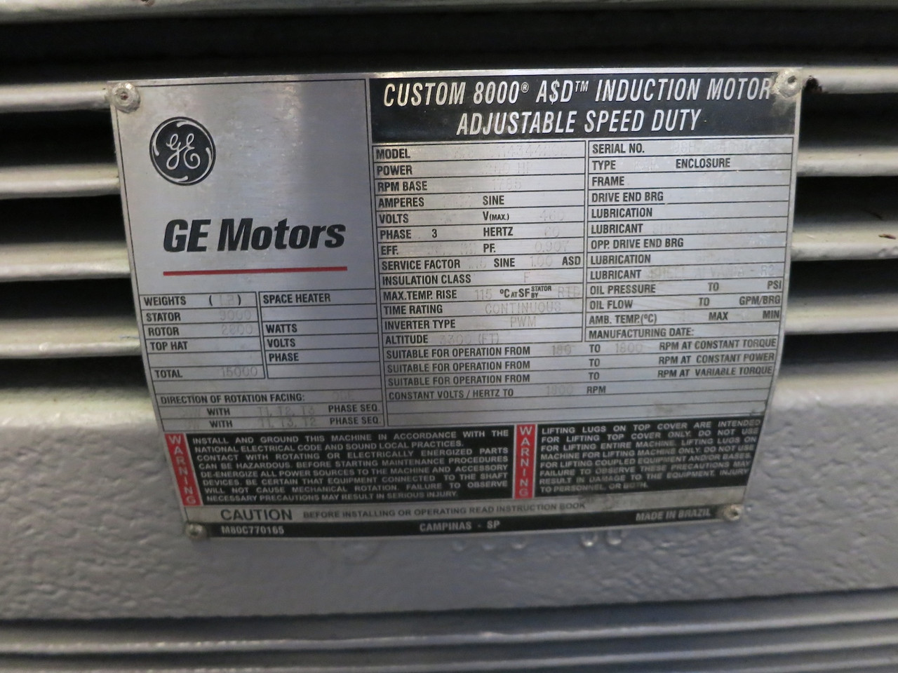 GE 5KAF80114344202 1250 HP 460V Induction Motor 1785RPM 8011S KAF TEAO 8000 A$D (GA1041-1)