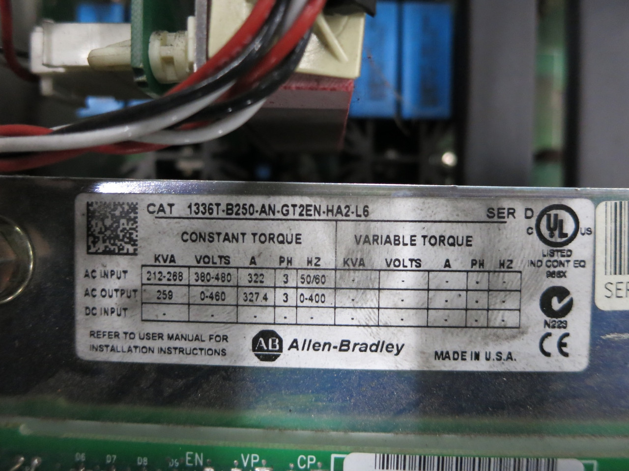 Allen Bradley 1336T-B250-AN-GT2EN-HA2-L6 Force VS Drive 250 HP 480V (FOR PARTS) (DW4370-1)
