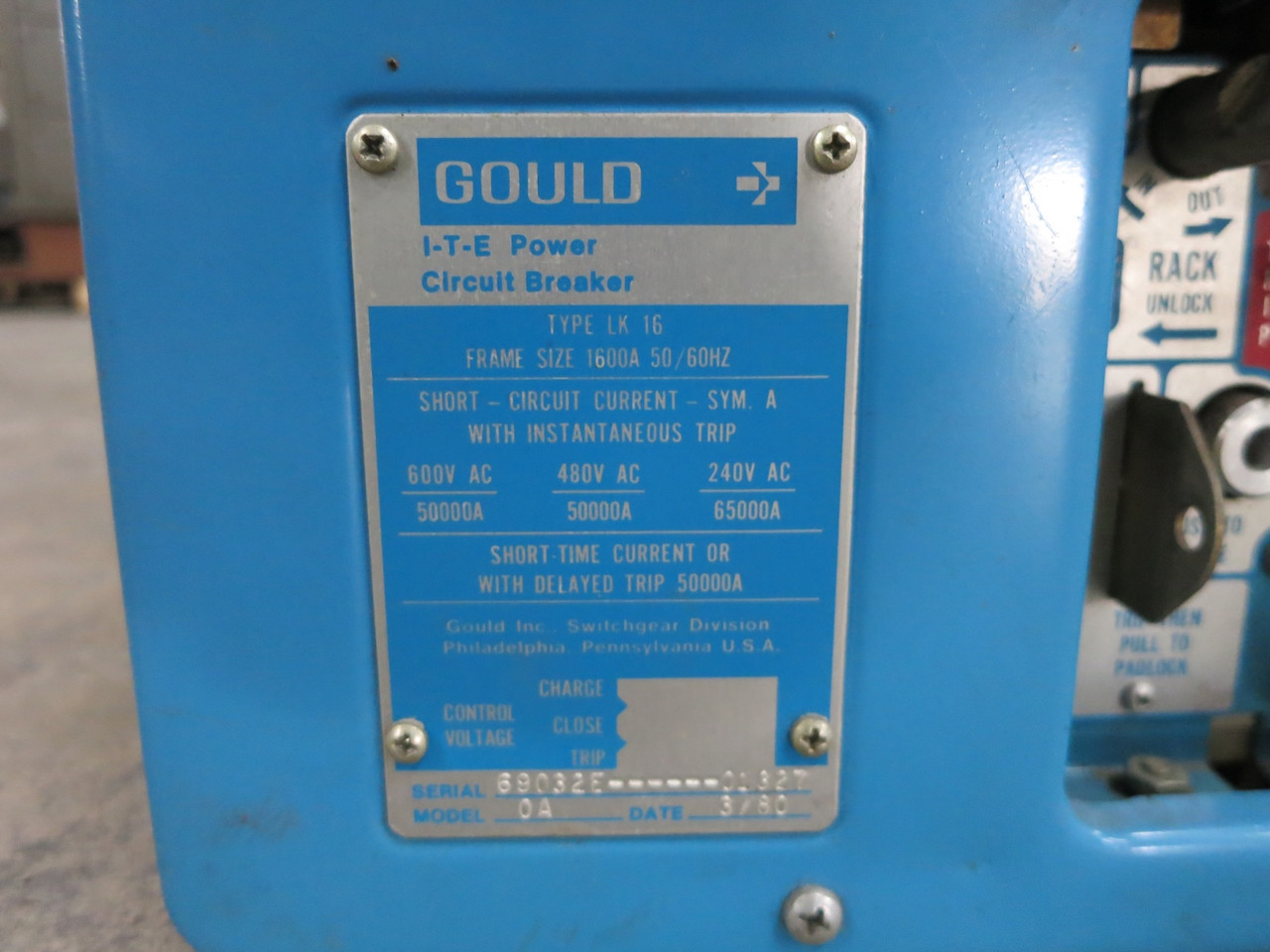 Gould LK-16 1600A/200A LIG Power Circuit Breaker 1600 Amp 200 Amp 0A LK16 ITE (DW4459-3)