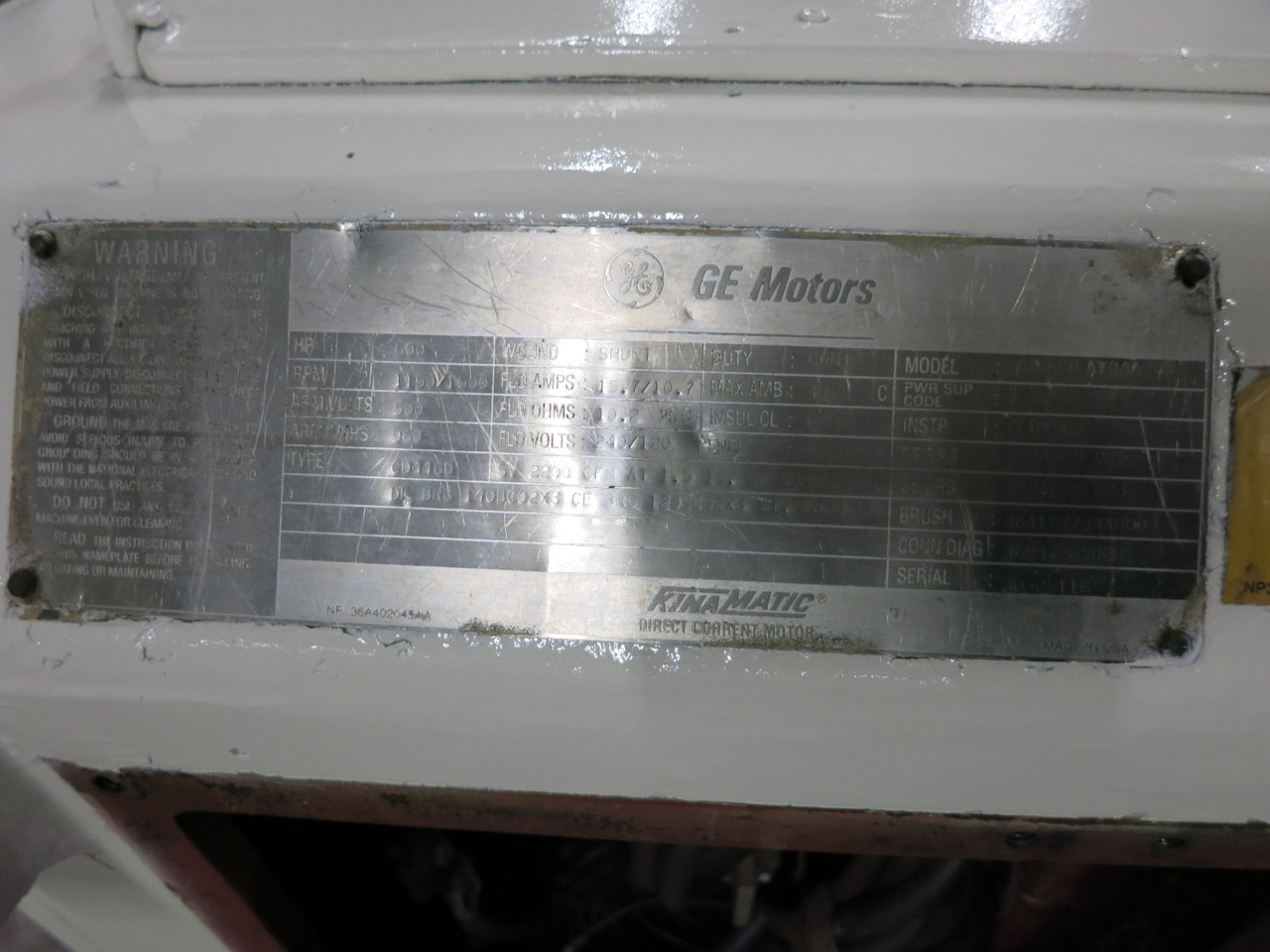 General Electric DC Motor CD4460 600 HP 500V 1150/1500RPM SPFG-SV GE Kinamatic (GA1097-1)