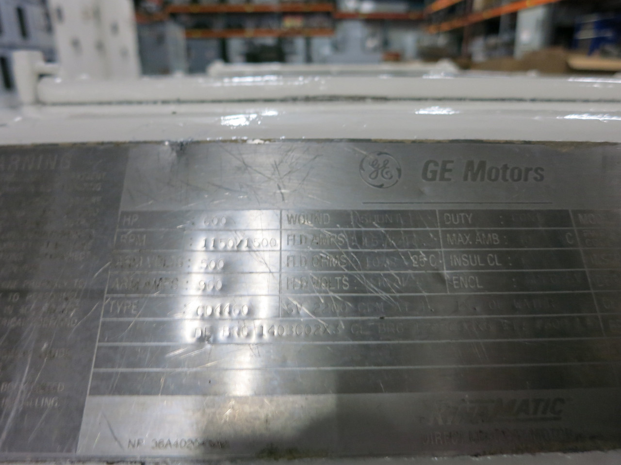 General Electric DC Motor CD4460 600 HP 500V 1150/1500RPM SPFG-SV GE Kinamatic (GA1097-1)