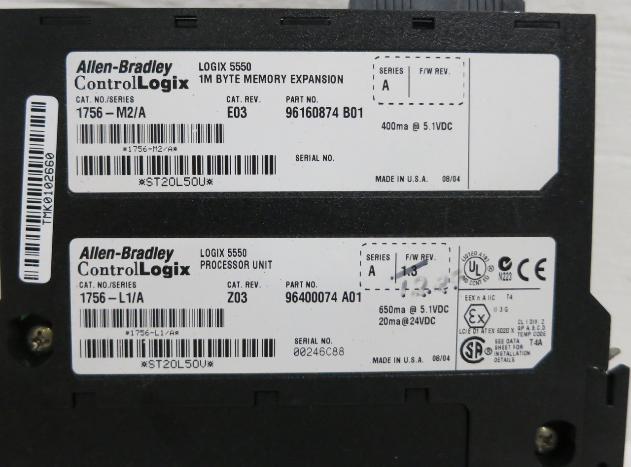 Allen Bradley 1756-L1/A Z03 F/W 12.25 Logix 5550 Processor 1756-M2/A Memory PLC (BJ0007-1)