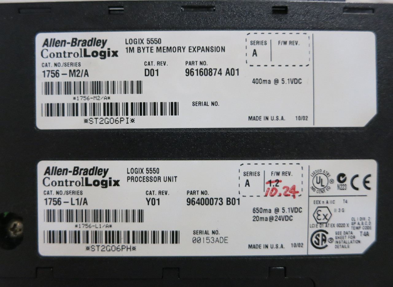Allen Bradley 1756-L1/A Y01 F/W 10.24 Logix 5550 Processor 1756-M2/A Memory PLC (BJ0008-1)