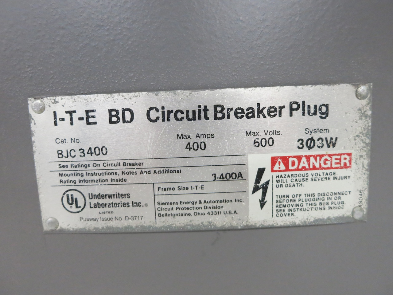 ITE BJC3400 400A 600V BD Circuit Breaker Bus Plug 3PH 3W 400 Amp BOS14355 Gould (DW4471-1)