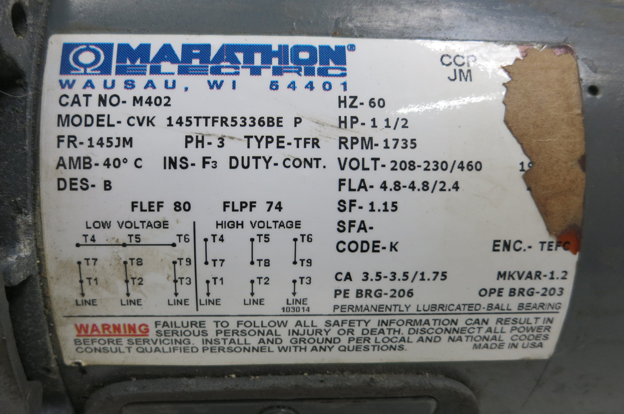 Marathon Electric M402 1.5HP Motor CVK-145TFR5336BE-P w Circulating Pump 116397T (BJ0013-1)