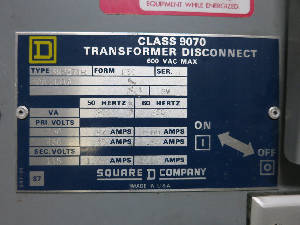 Square D SK5271R Form F30 Class 9070 Transformer Disconnect Switch 250 VA 60 Hz (GA1109-1)