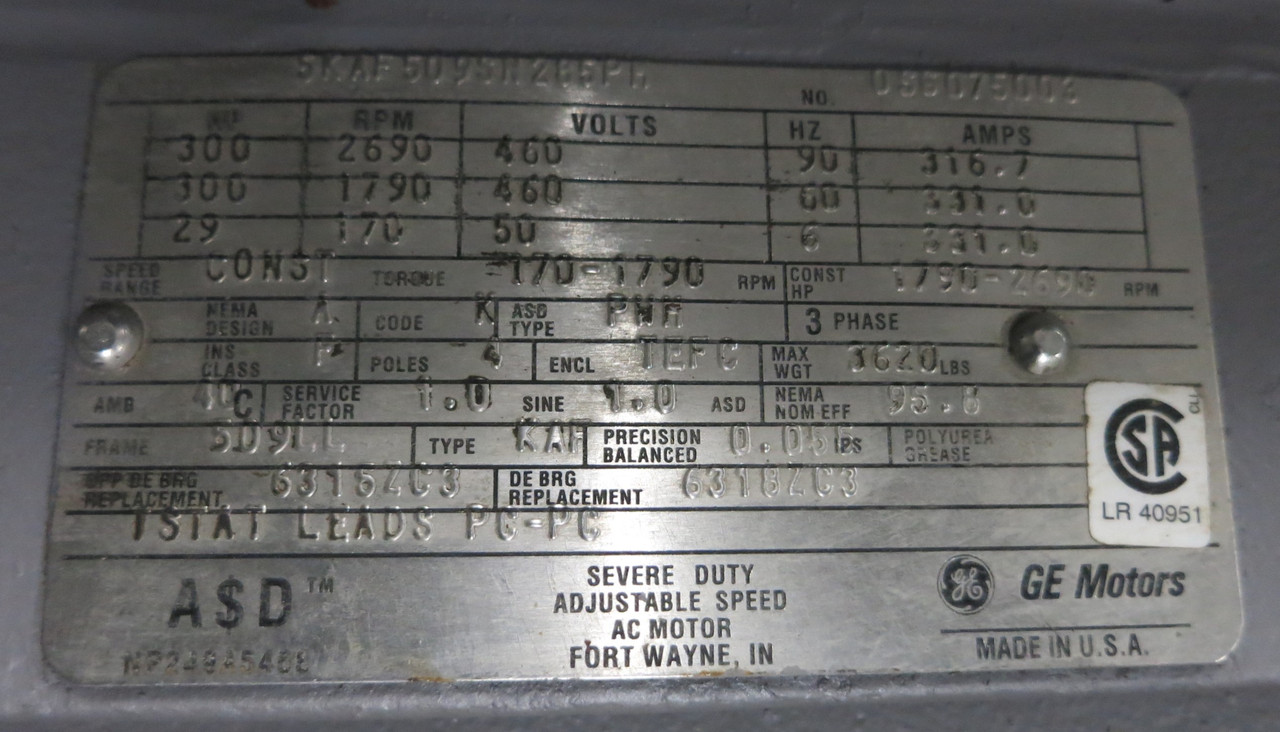 GE AC Motor SKAF509SN285PH 300HP 2690RPM 460V 5D9LLTEFC 316.7A PWM KAF ASD (GA1114-1)