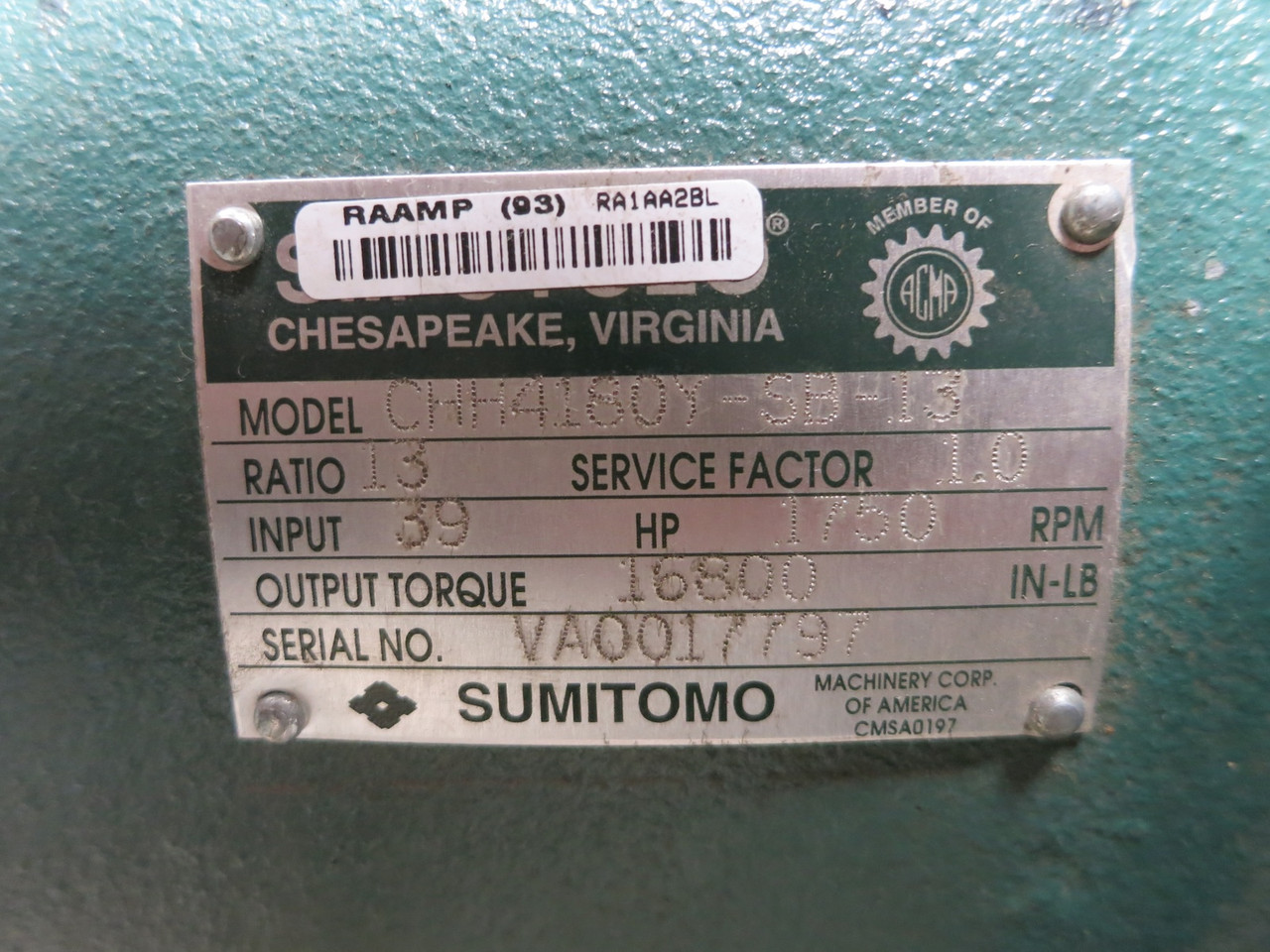 SM-Cyclo CHH4180Y-SB-13 Gear Drive Reducer Ratio 13 1750 RPM Motor 39 HP 16800 (DW4488-1)