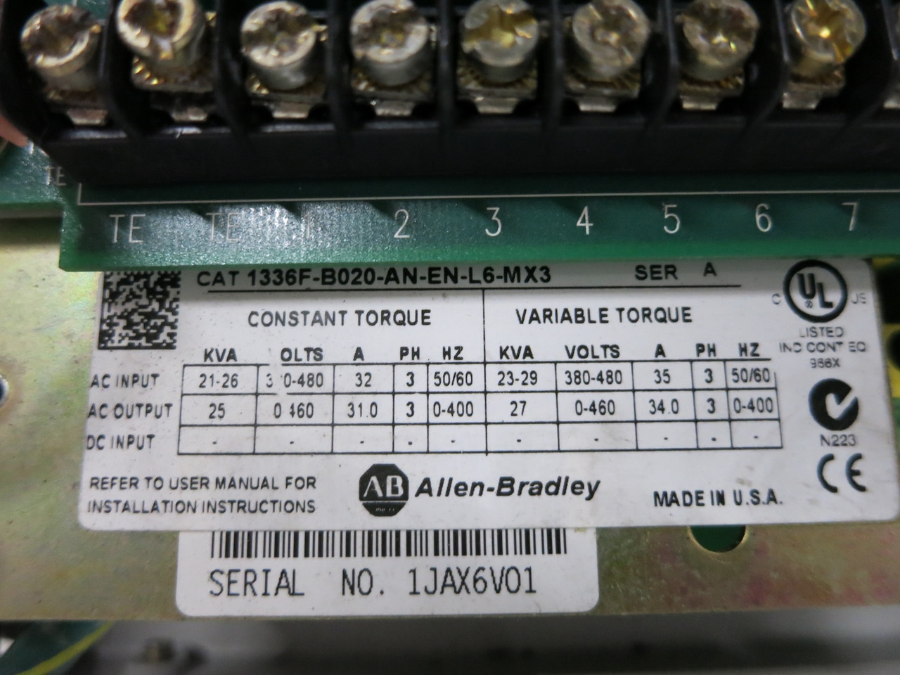 Allen Bradley 1336F-B020-AN-EN-L6-MX3 20 HP AC VS Drive 480V 20HP 1336 Plus II (DW4592-1)