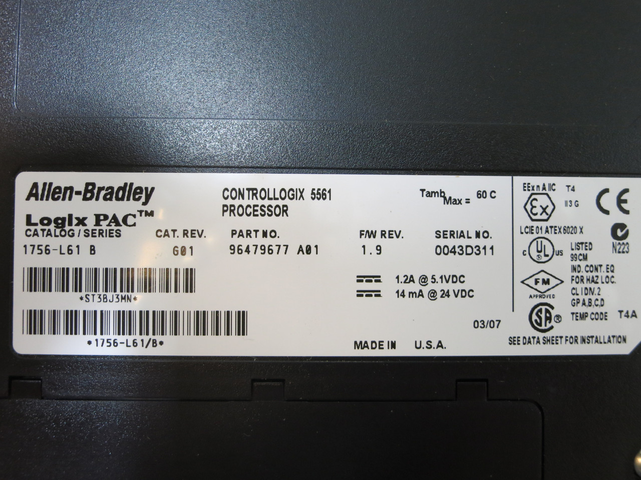 Allen Bradley 1756-L61 Ser B Rev G01 FW 1.9 LogixPAC ControlLogix 5561 Processor (DW4596-1)