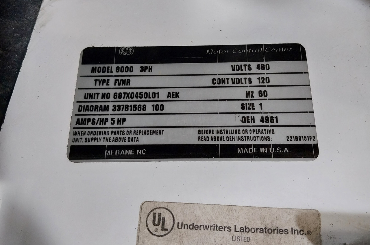 GE 8000 30A Fusible 12" MCC Bucket Size 1 Starter Overload Relay 30Amp CR306CX#0 (BJ0074-13)