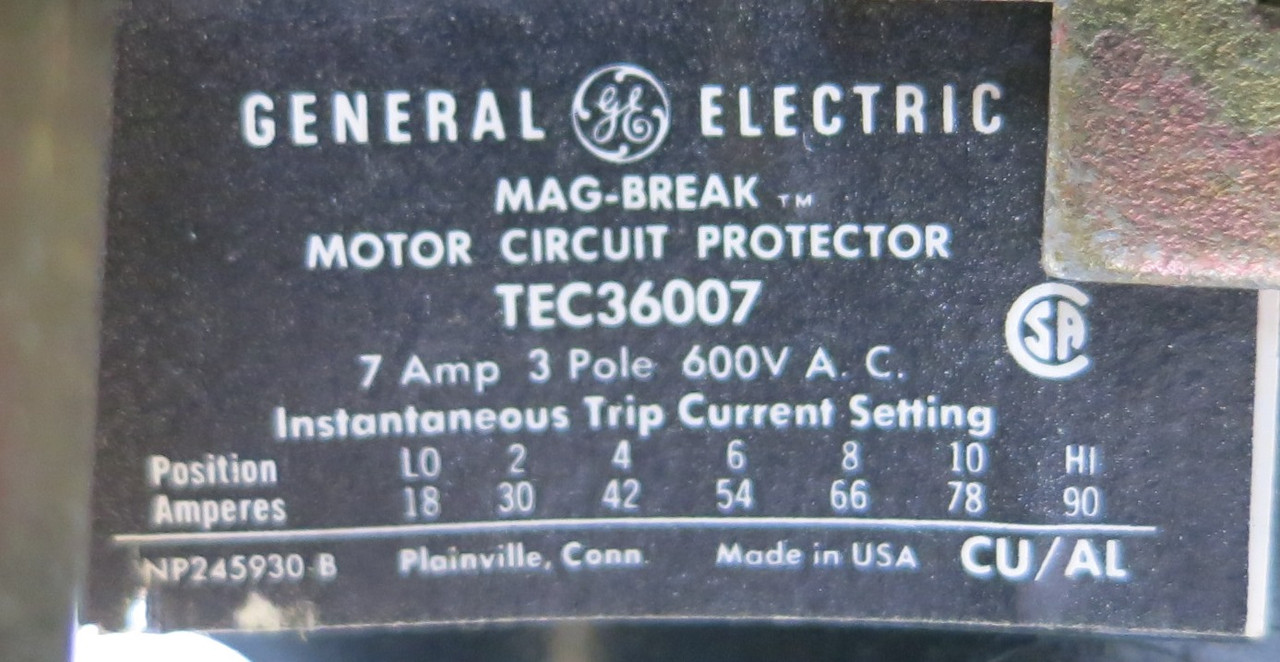 GE 8000 7 Amp TEC36007 Breaker Size 1 CR206C000MYA Starter 18" MCC Bucket 7A (BJ0077-3)