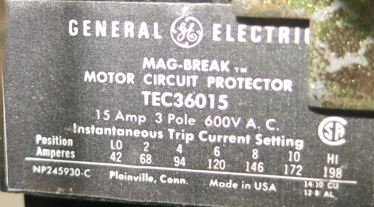 GE 8000 15 Amp TEC36015 Breaker Size 1 CR206C000MYA Starter 18" MCC Bucket 15A (BJ0083-1)
