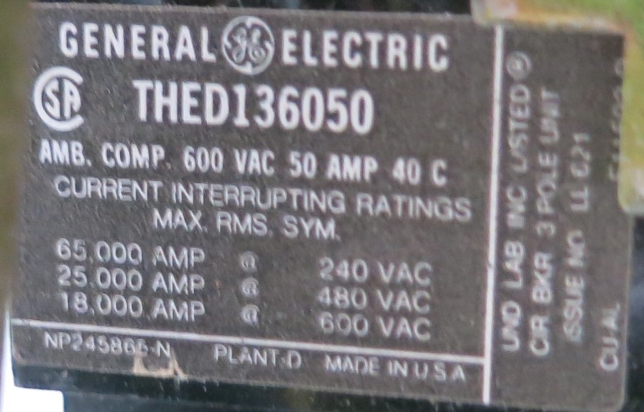 General Electric GE 8000 THED135050 50A Breaker 12" MCC Bucket Feeder 50 Amp (BJ0089-1)