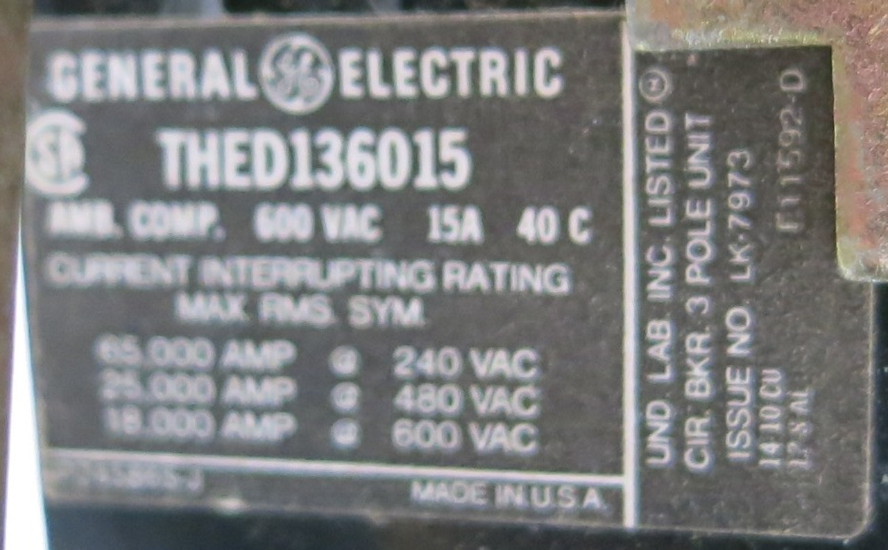 General Electric GE 8000 15A Breaker 12" MCC Bucket Feeder 15 Amp THED136015 (BJ0091-1)