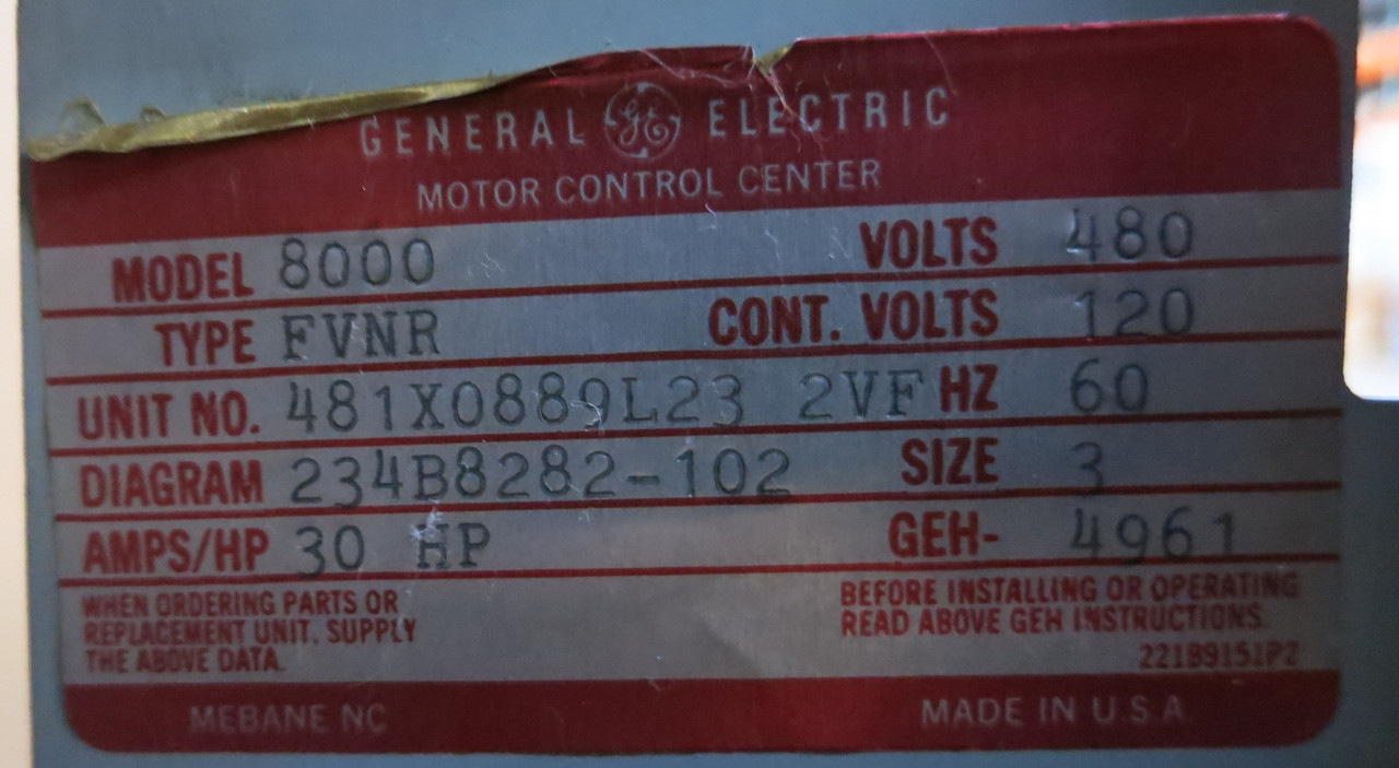 GE 8000 100A Breaker Size 3 Starter 30" MCC Bucket CR206E0 100Amp TECL (BJ0107-13)