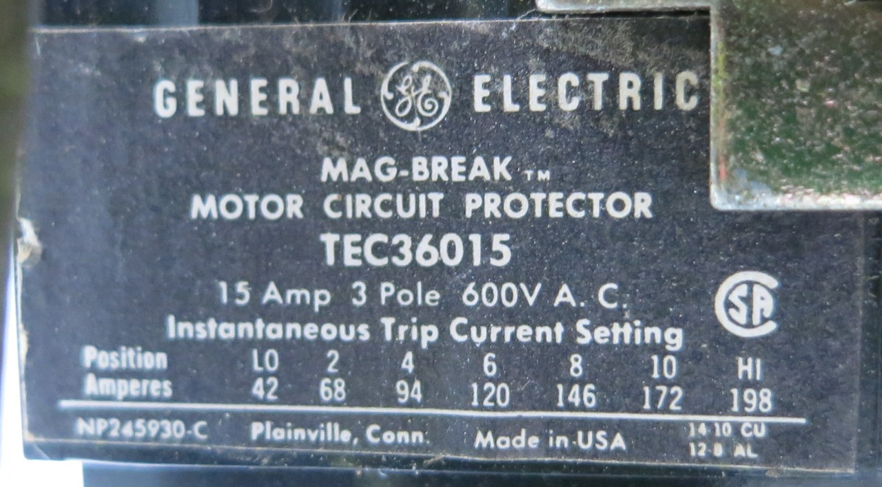 GE 8000  15 Amp TEC36015 Breaker Size 1 CR206C0 Starter 12" MCC Bucket 15A TECL (BJ0116-9)