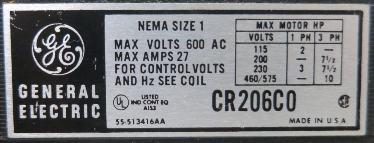 GE 8000 7 Amp TEC36007 Breaker Size 1 CR206C0 Starter 12" MCC Bucket 7A TECL (BJ0118-19)