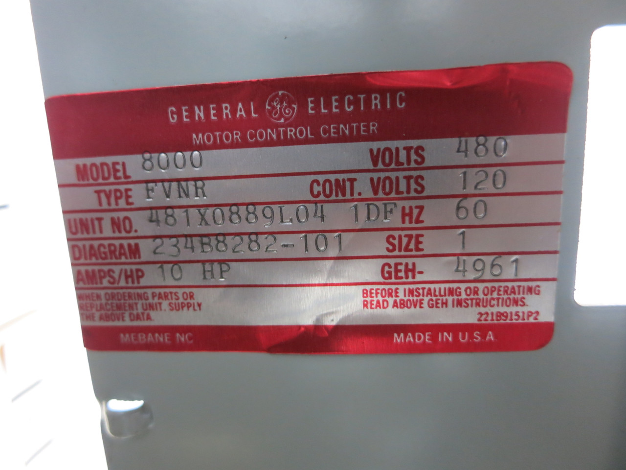 GE 8000 30A Breaker Size 1 Starter 12" MCC Bucket TECL CR206C0 30 Amp (BJ0121-8)