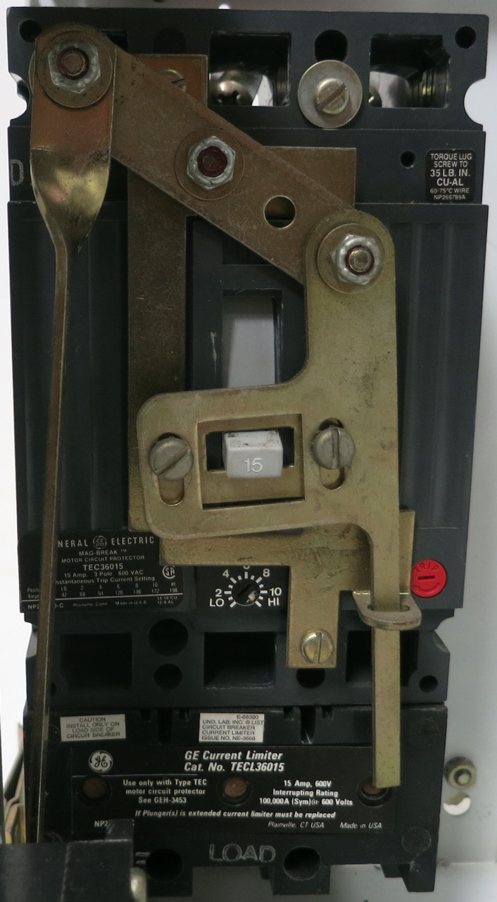 General Electric GE 8000 15A Breaker Feeder 12" MCC Bucket 15 Amp TEC36015 TECL (BJ0131-3)