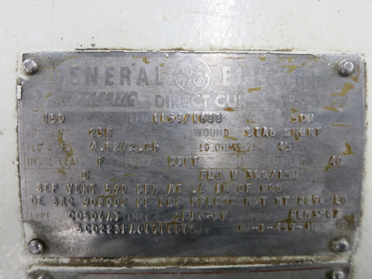 GE CD506AT 150 HP 500V Kinamatic DC Motor 1150/1800 RPM Encl SPFG-SV 506AT 150HP (DW4722-1)