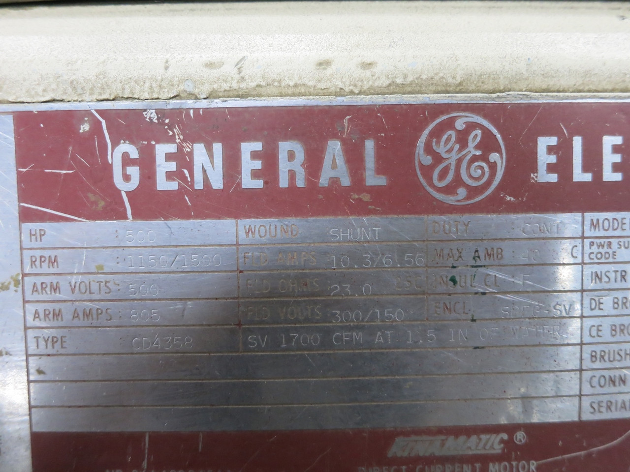 GE CD4358 500 HP 500V Kinamatic DC Motor 1150/1500 RPM Encl SPFG-SV 4358 500HP (DW4720-1)
