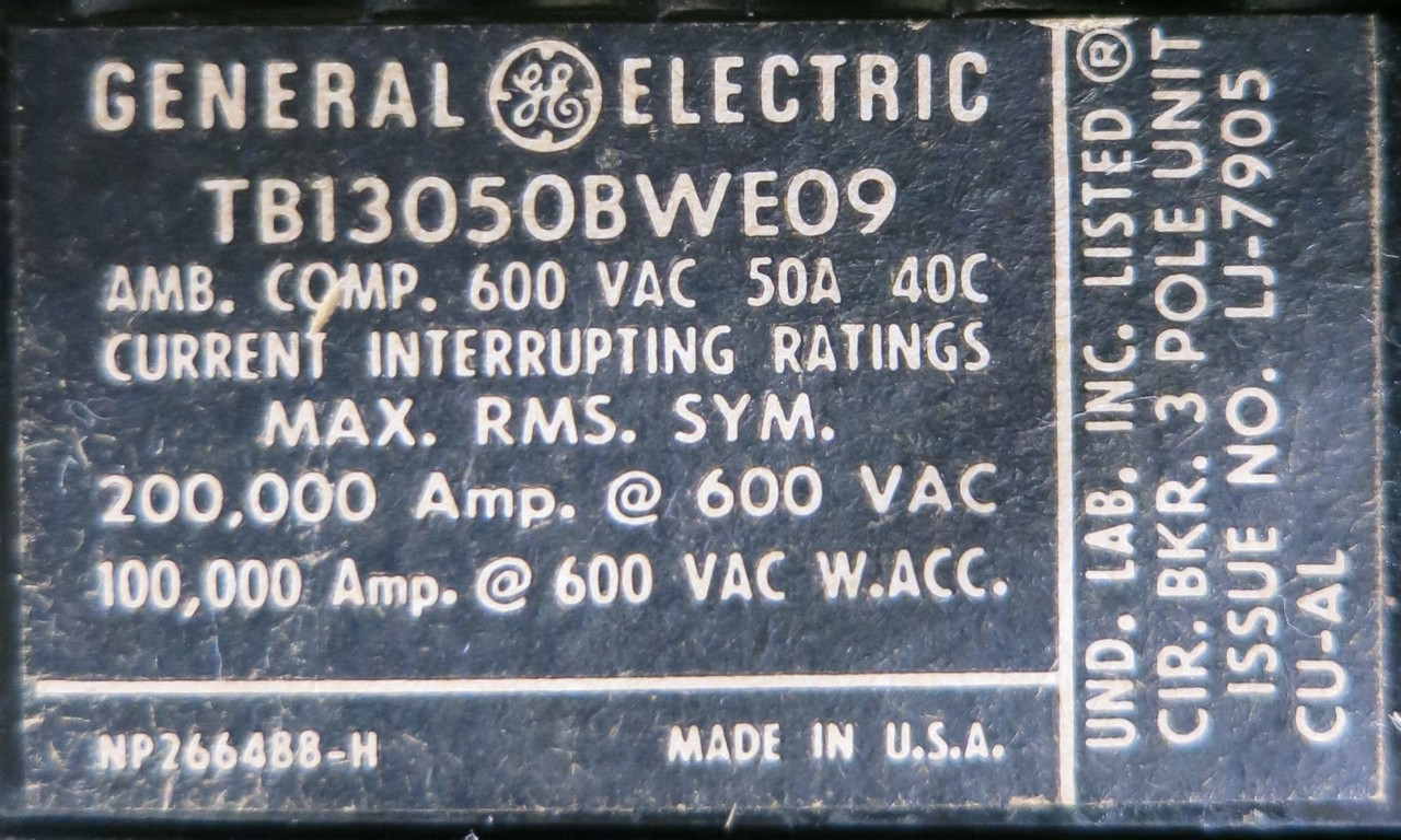 General Electric GE 8000 50A Breaker 6" MCC Feeder Bucket 50 Amp TRI-BREAK (BJ0145-9)