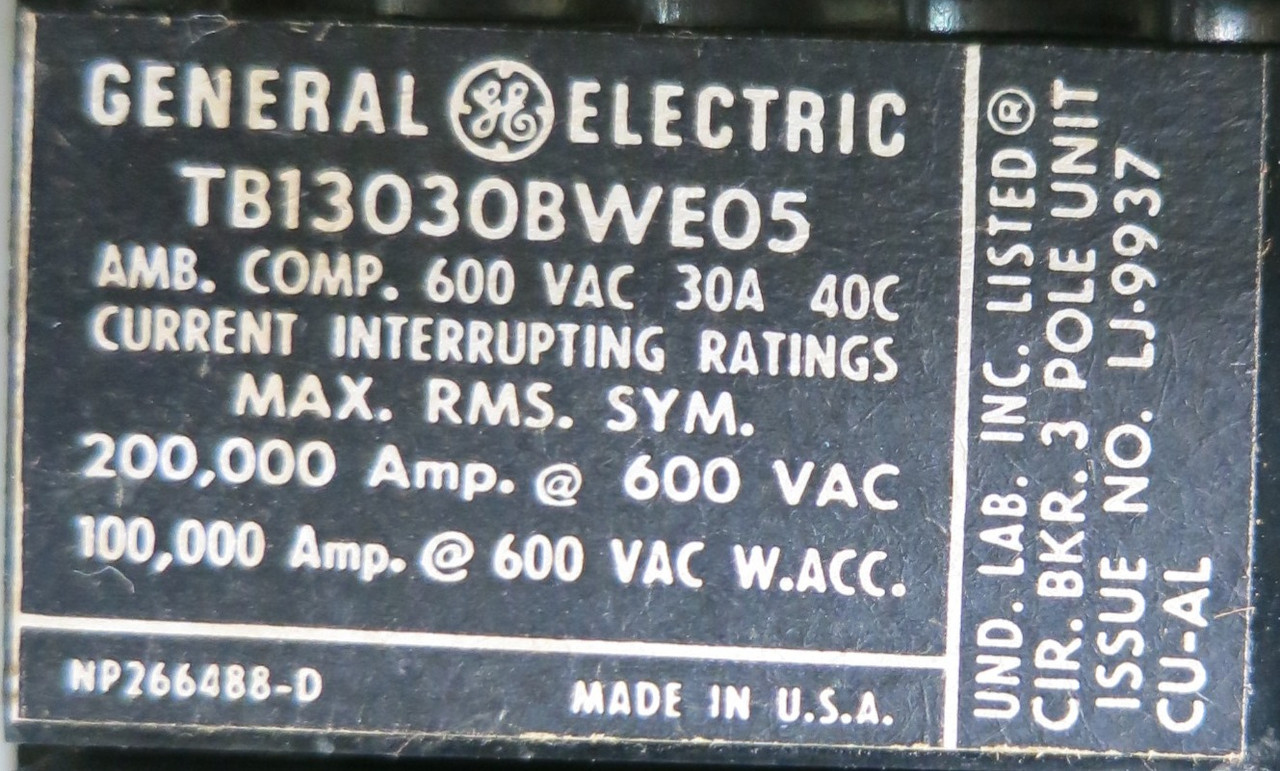 General Electric GE 8000 30A Breaker 6" MCC Feeder Bucket 30Amp TRI-BREAK (BJ0144-6)