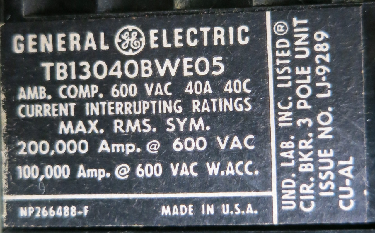 General Electric GE 8000 40A Breaker 6" MCC Feeder Bucket 40 Amp TRI-BREAK (BJ0146-1)