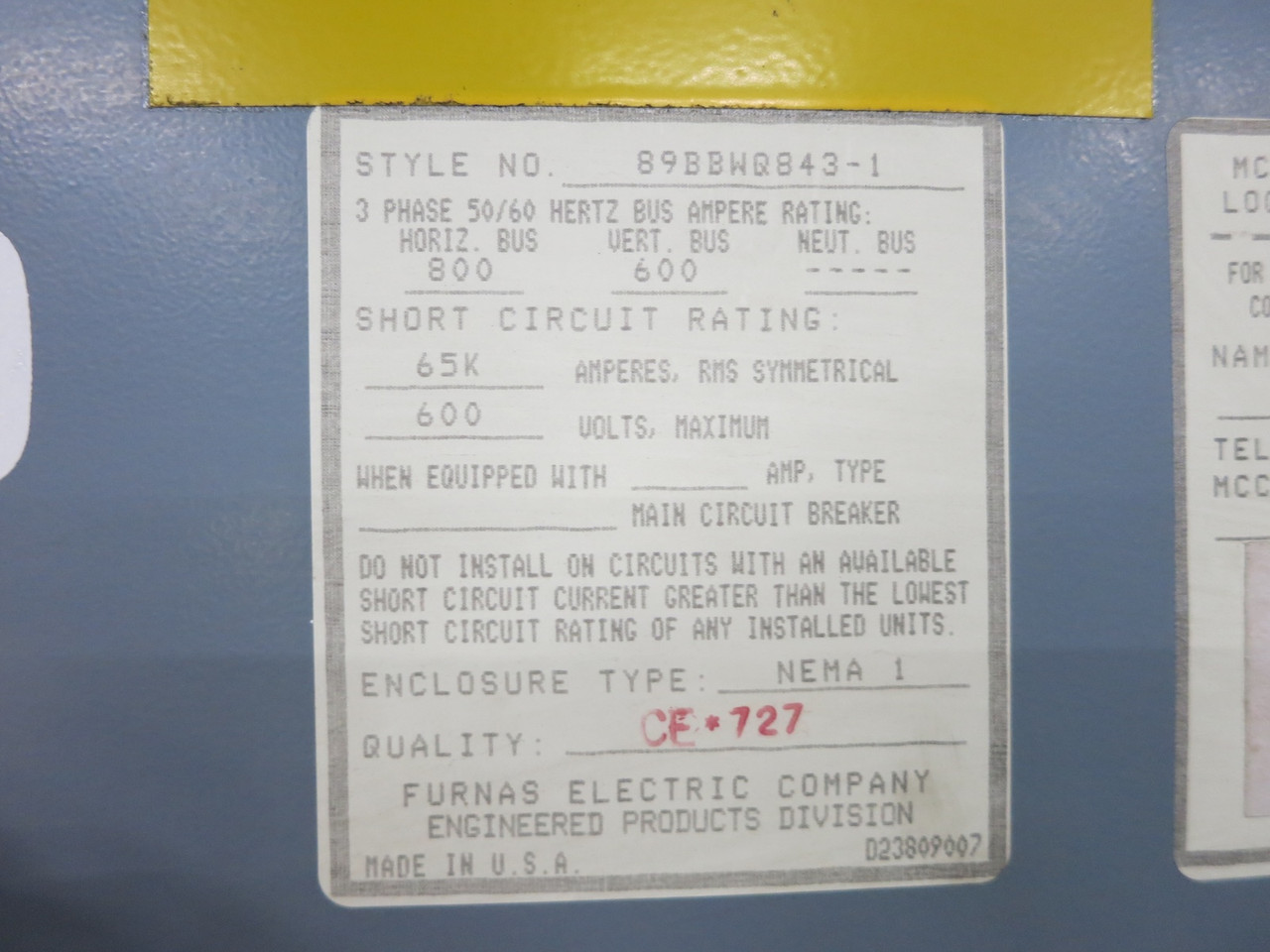 Siemens Tiastar 5x Motor Control Center Sections 800A/600A System 89 600 Amp (DW4750-1)