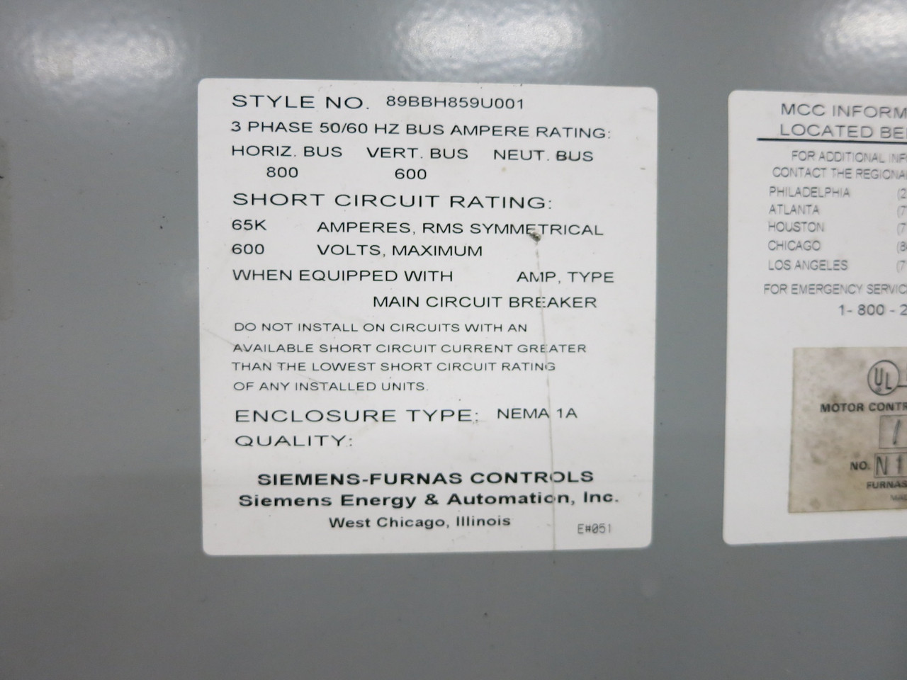 Siemens Tiastar 6x Motor Control Center Sections 800A/600A System 89 600 Amp (DW4749-1)