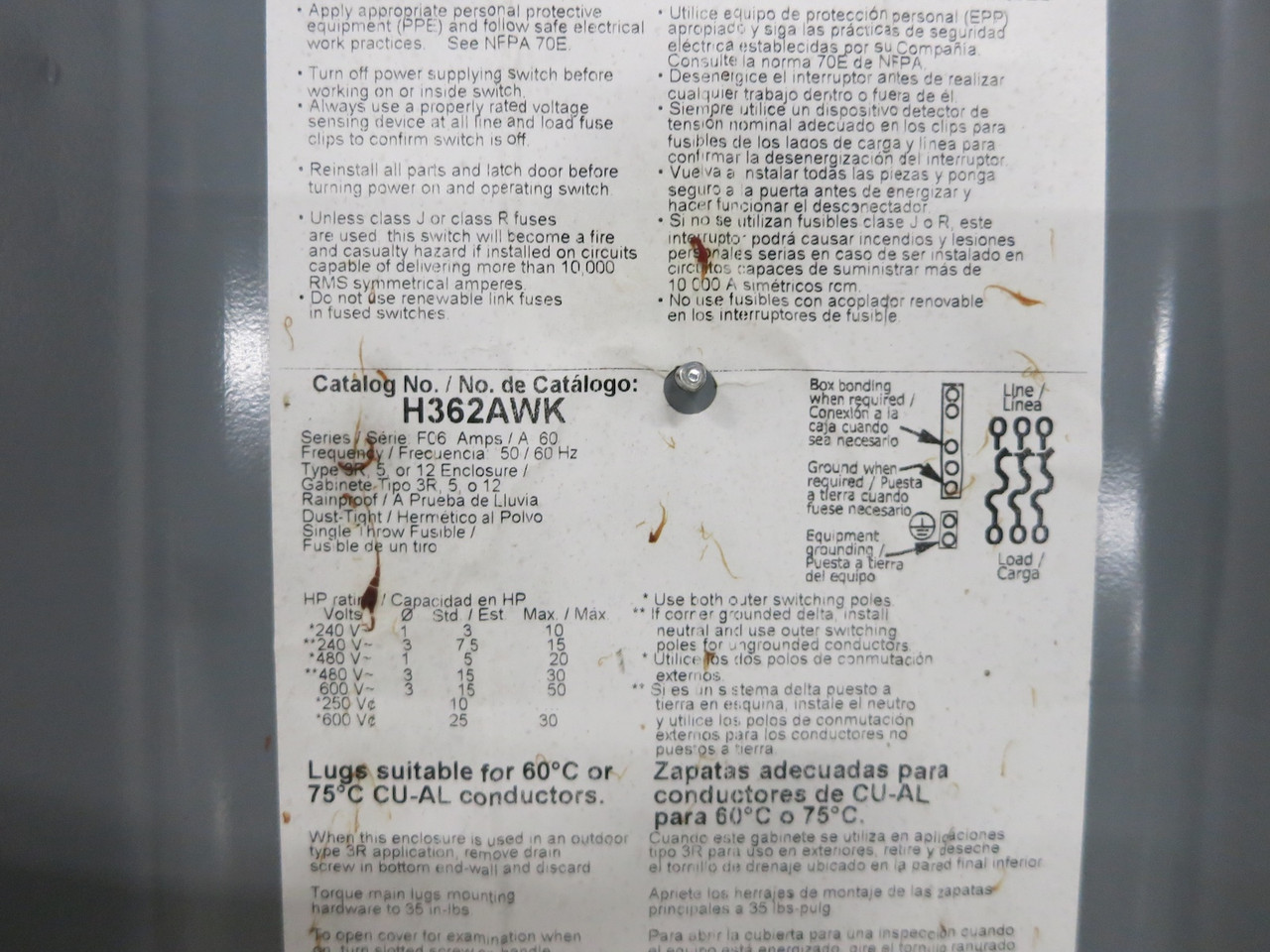 Square D H362AWK 60A Fusible Safety Switch Disconnect 600V 60 Amp H362 F06 3R (DW4795-61)